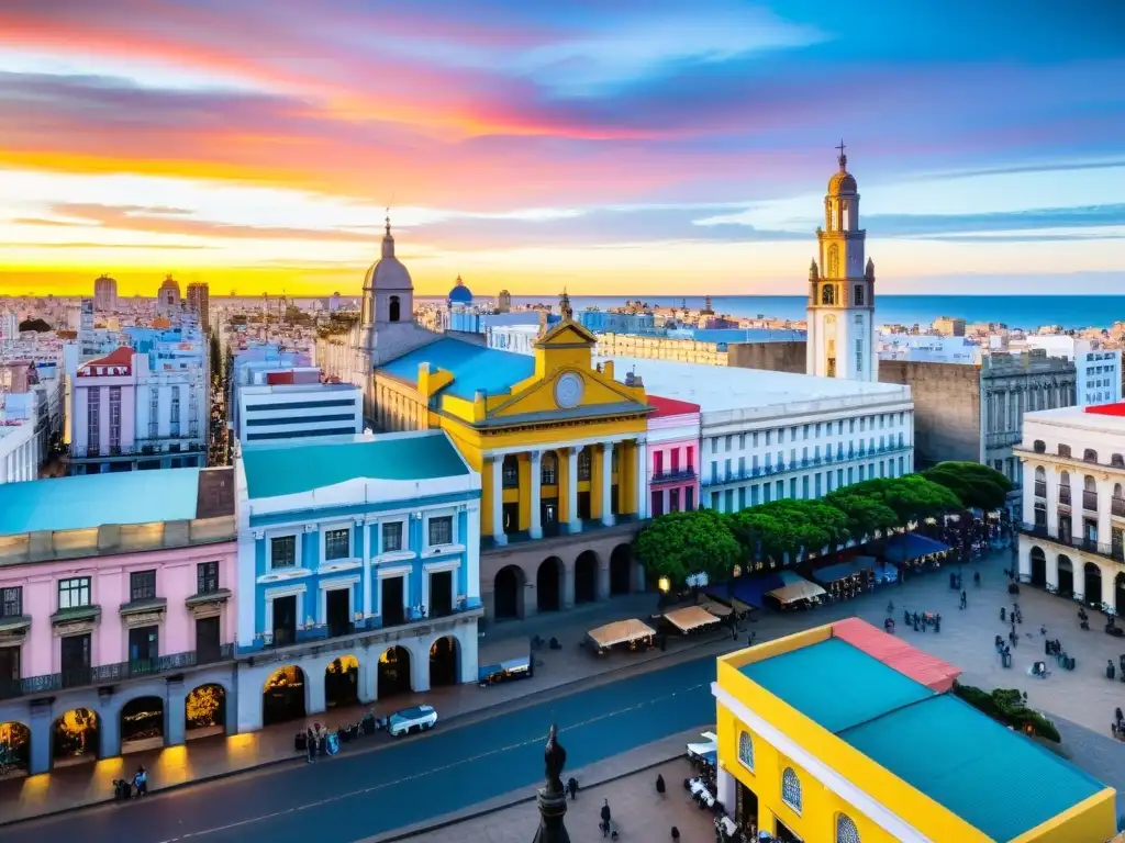 Influencias europeas y latinoamericanas en el arte uruguayo resaltan en un bullicioso mercado de Montevideo bajo un atardecer radiante