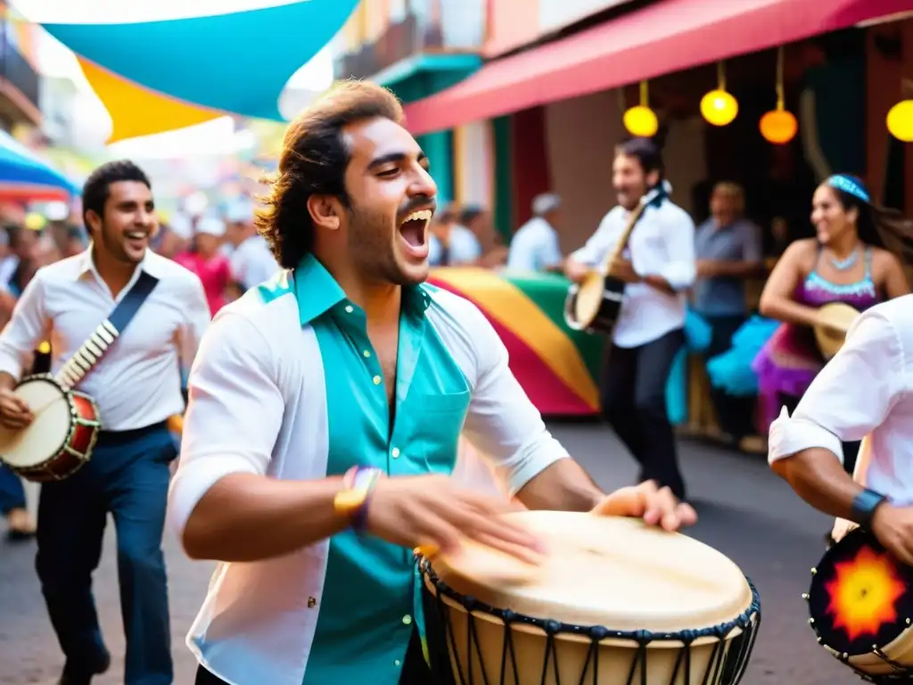 Influencias musicales en la música popular uruguaya palpables en un grupo apasionado tocando el tamboril en una festividad, bajo una tarde cálida y colorida