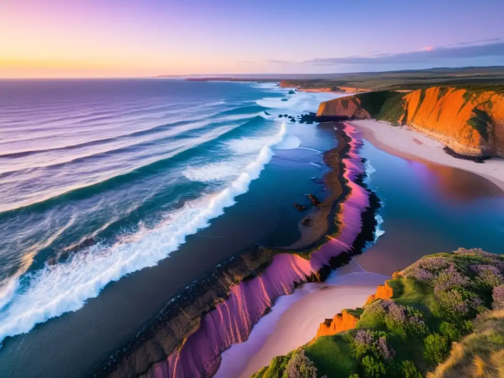 Ingenieros medioambientales luchando contra el impacto erosión en Punta Ballena, Uruguay, bajo un cielo en llamas al atardecer