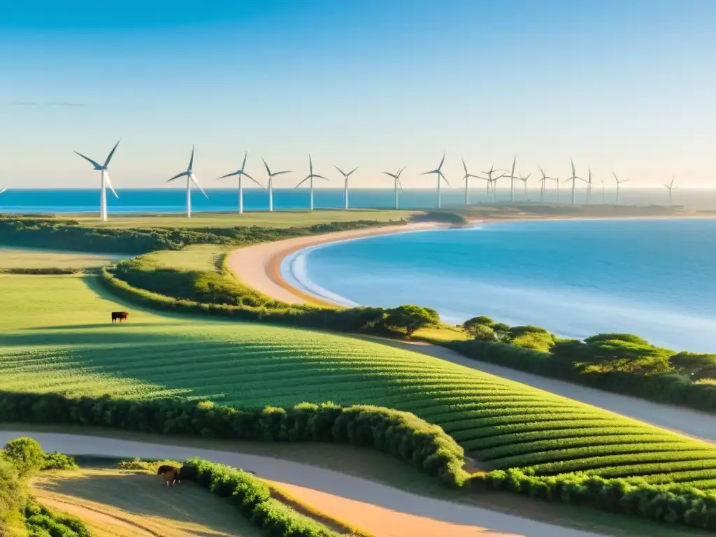 Iniciativas de sostenibilidad turismo Uruguay: amanecer en playa limpia, viñedos verdes, ganado y energías renovables