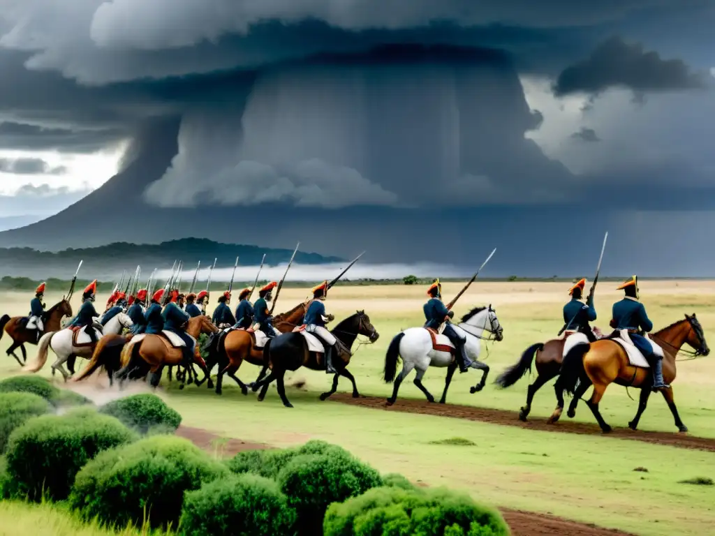 La intensa Batalla de Las Piedras, historia uruguaya, retratada con realismo bajo un cielo tormentoso, con Artigas liderando el combate