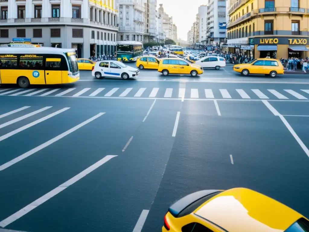 Intenso crepúsculo en Montevideo, Uruguay, con taxis amarillos, buses y vehículos de aplicaciones de transporte en Uruguay llenando las calles