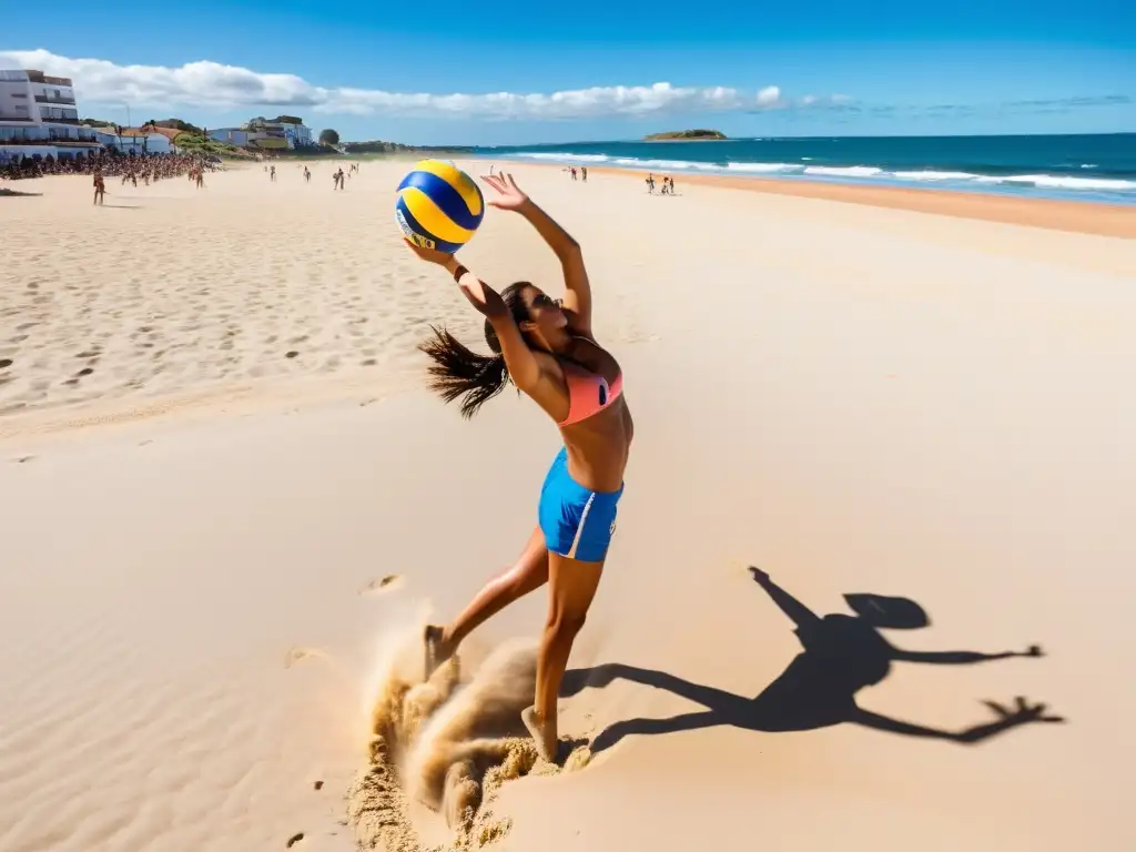 Intenso partido de vóley playa en Uruguay, experiencia deportiva llena de camaradería bajo un vibrante sol, con el mar azul de fondo