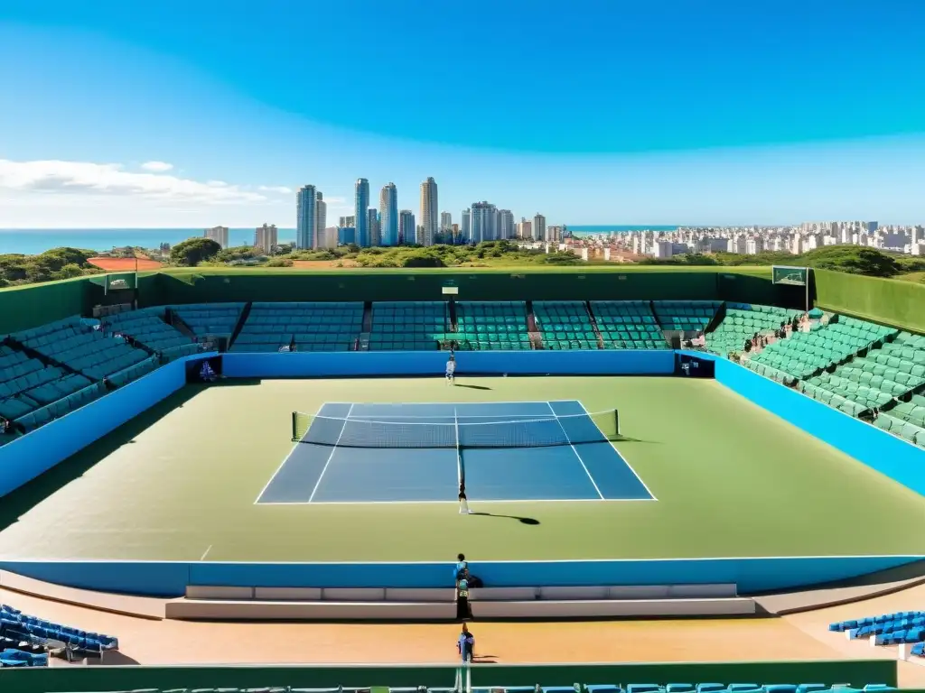 Intenso partido de tenis en Uruguay, espectadores animan con fervor, simbolizando el crecimiento tenis Uruguay eventos