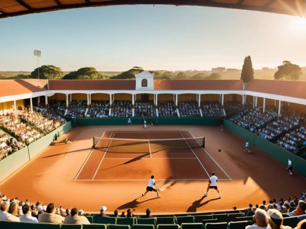 Intenso partido de tenis en una histórica cancha uruguaya, reflejando el crecimiento tenis Uruguay eventos, bajo un atardecer dorado