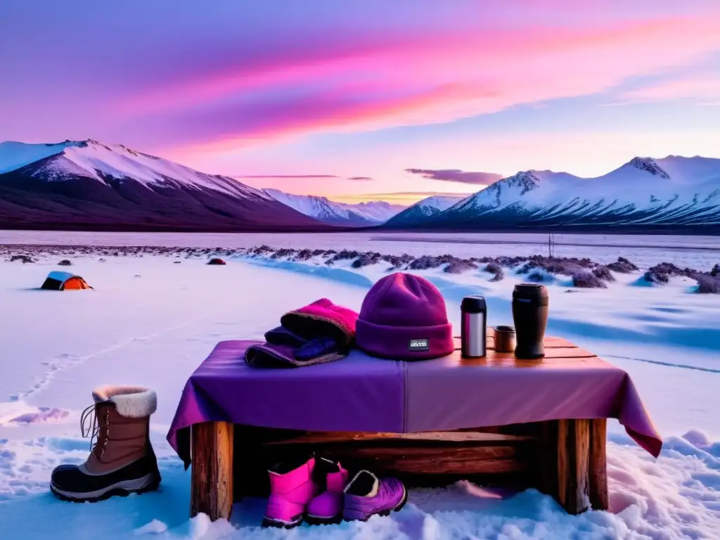 Invierno Uruguayo consejos viajeros: atardecer rosado sobre paisaje nevado con equipamiento esencial en mesa de madera y cabaña acogedora al fondo