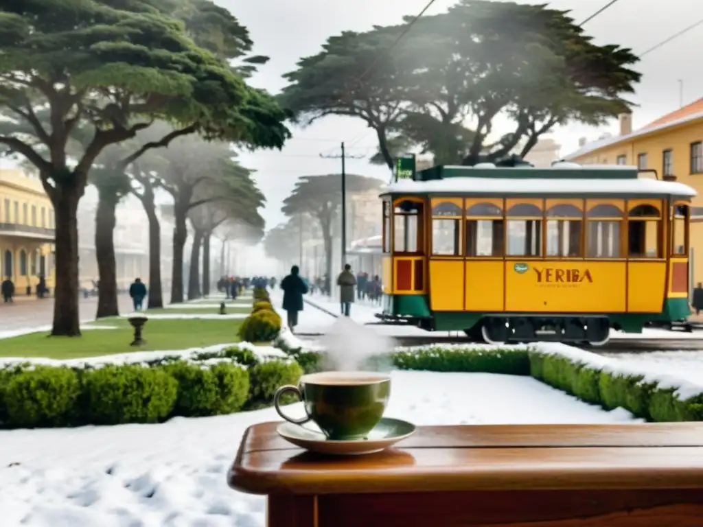 Invierno Uruguayo consejos viajeros: una taza de Yerba Mate en un refugio cálido, tranvía antiguo, peatones abrigados y emblemáticos edificios de Montevideo bajo un cielo estrellado