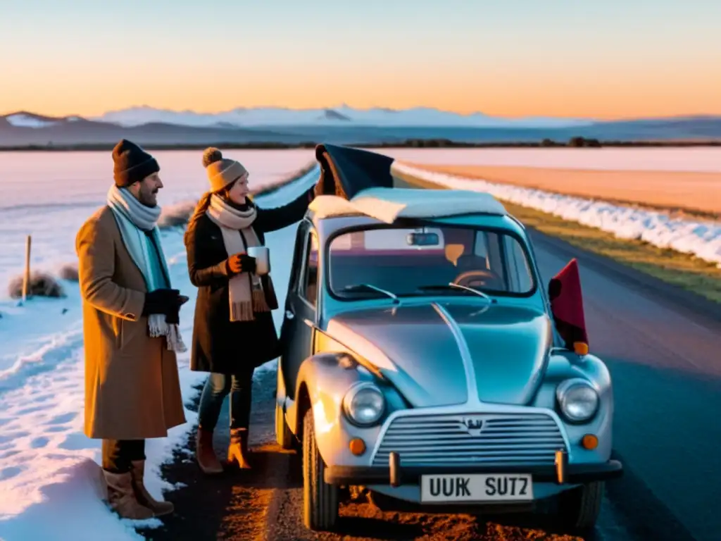 Invierno Uruguayo: consejos viajeros - Pareja planificando su ruta en un atardecer nevado, con un picnic improvisado en el auto vintage