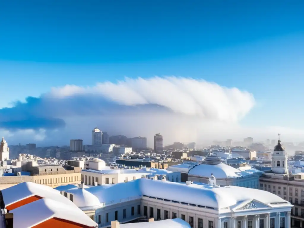 Invierno Uruguayo consejos viajeros: vista panorámica de Montevideo cubierta de nieve, con el majestuoso Palacio Salvo y un mercado bullicioso