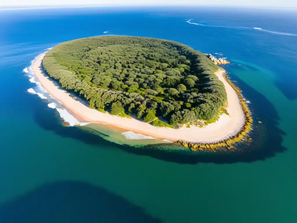 Explorando la Isla Gorriti en Uruguay desde el aire, rodeada por el azul del Atlántico y bañada por la suave luz de la tarde