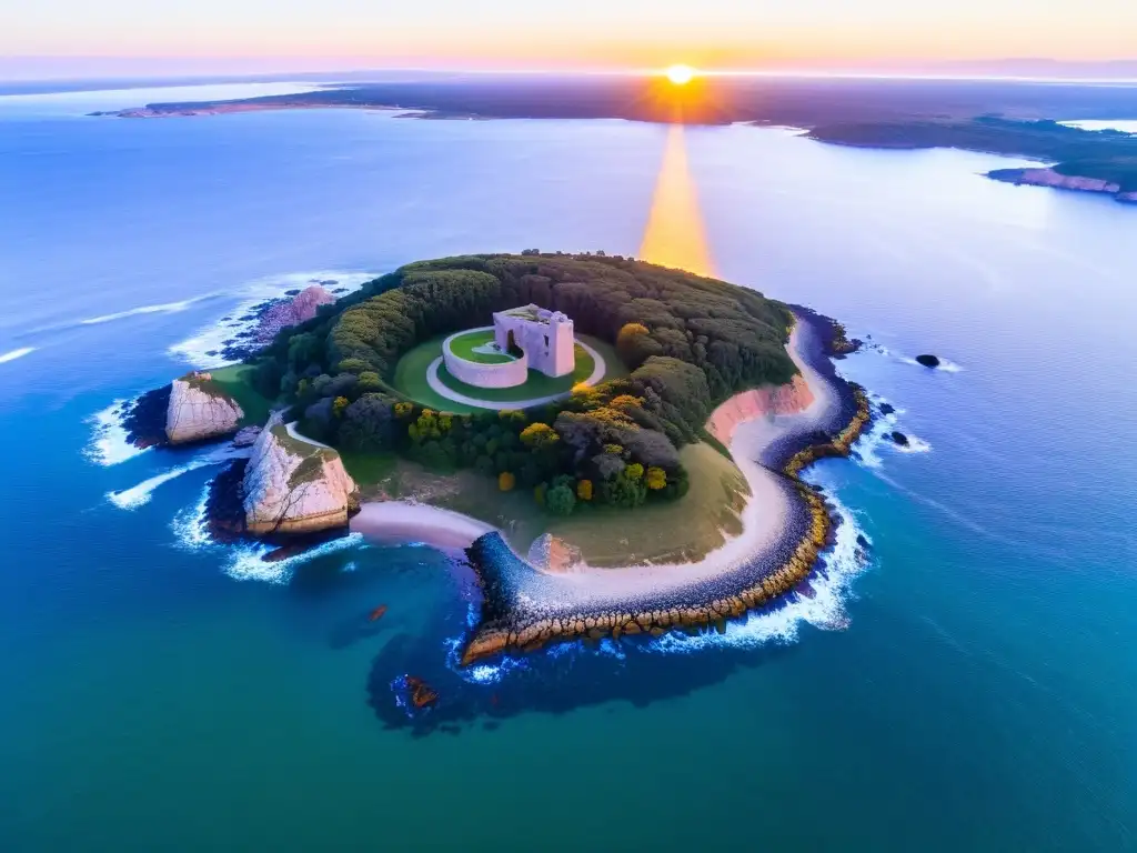 Explorando la Isla Gorriti en Uruguay al atardecer, con su verde exuberante, fortaleza histórica y un cielo pintado de vivos colores