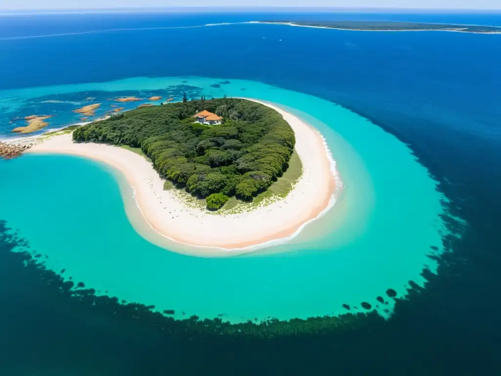 Explorando la Isla Gorriti en Uruguay, una joya verde en el océano turquesa, con playas doradas y barcos turísticos al atardecer