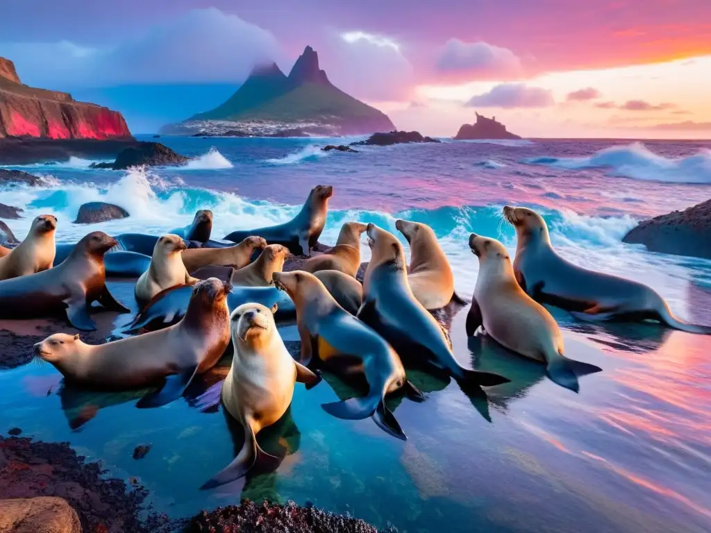 Amanecer en la Isla de Lobos, con leones marinos descansando y aves perfiladas contra un cielo de fuego, reflejando la vibrante vida salvaje