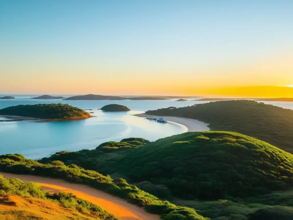 Explorando la Isla Gorriti en Uruguay, descubriendo su vegetación tropical al atardecer dorado, bajo la vista de Punta del Este