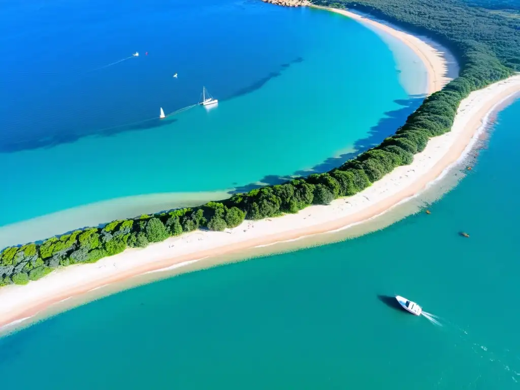 Explorando la Isla Gorriti en Uruguay desde una vista aérea, con sus densos bosques verdes, aguas turquesas vibrantes y visitantes disfrutando del sol