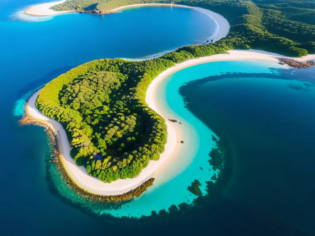 Islas de las Palmas Uruguay turismo: vista aérea al atardecer dorado, aguas turquesas revelan un laberinto de arrecifes y villas de lujo