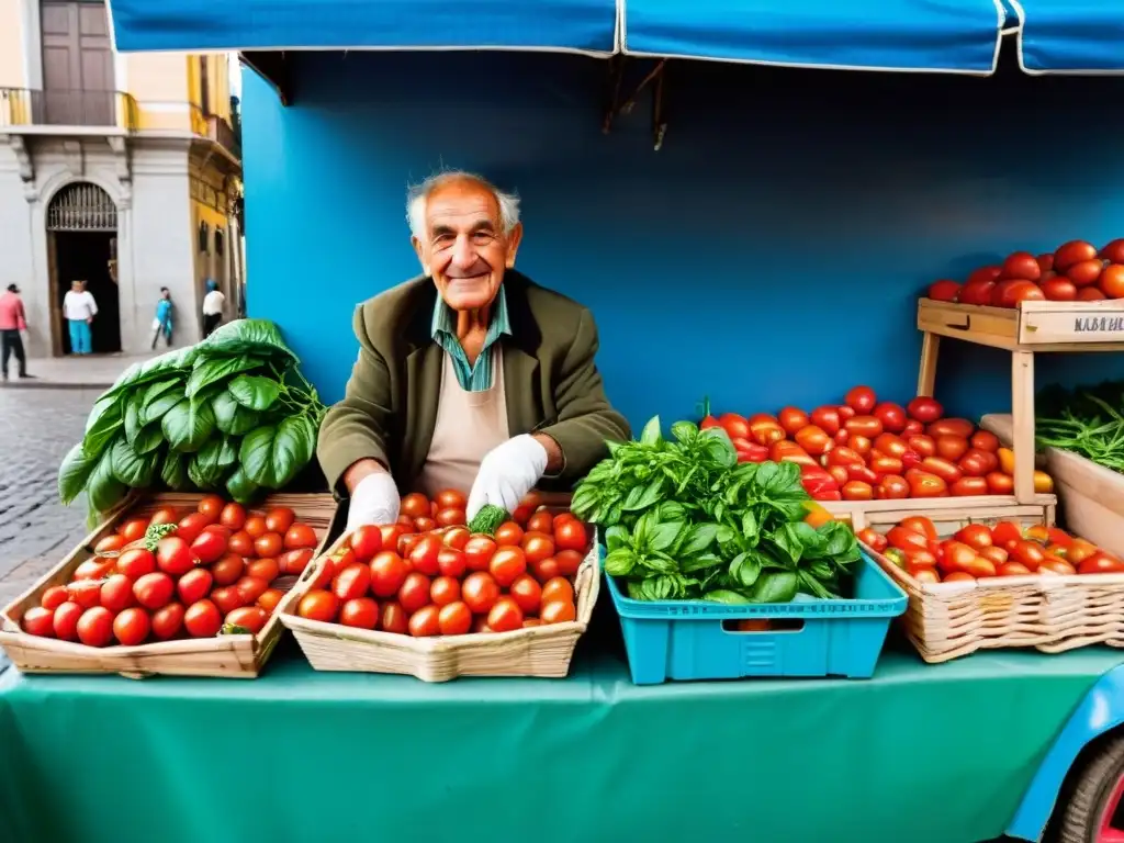 Inmigración italiana en Uruguay: vendedor sonriente en un bullicioso mercado montevideano, fusionando tradición y progreso