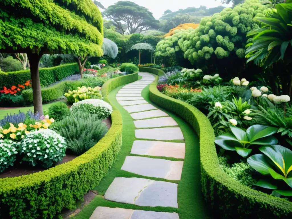 Jardines botánicos Uruguay: belleza y relajación en un sendero de piedra que se adentra en la exuberante flora, bajo un sol suave