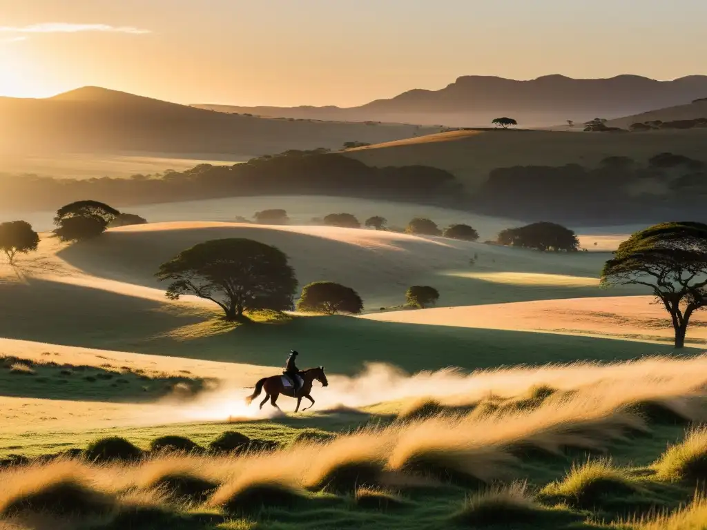 Jinete solitario explorando la belleza natural en Uruguay, galopando al amanecer entre doradas praderas y la estancia uruguaya