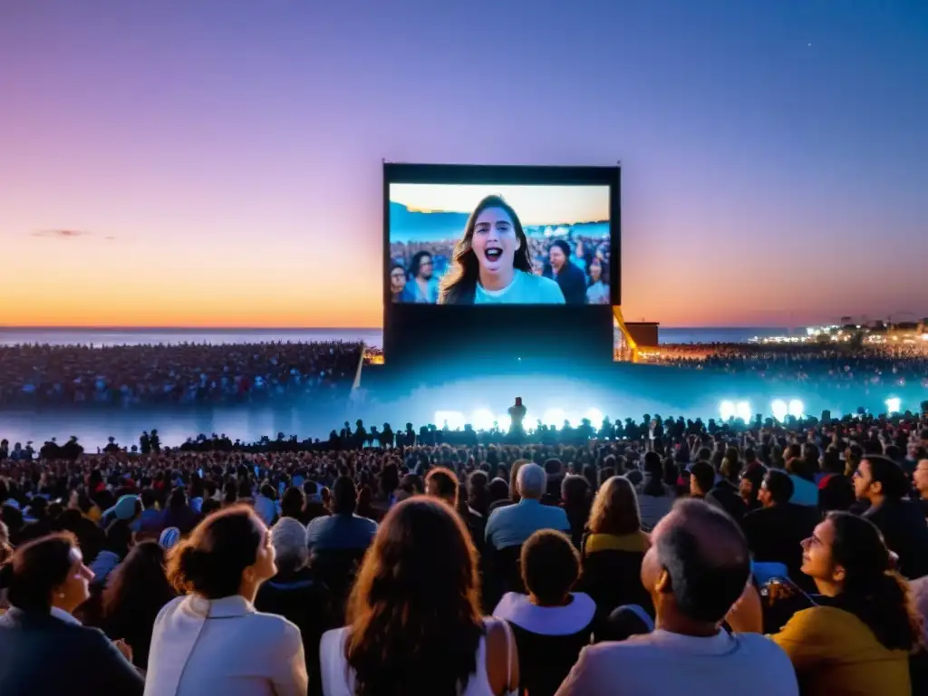 Joven apasionada habla en el Festival Internacional de Cine y Derechos Humanos Uruguay, bajo un cielo crepuscular en Montevideo, con el icónico Palacio Salvo de fondo