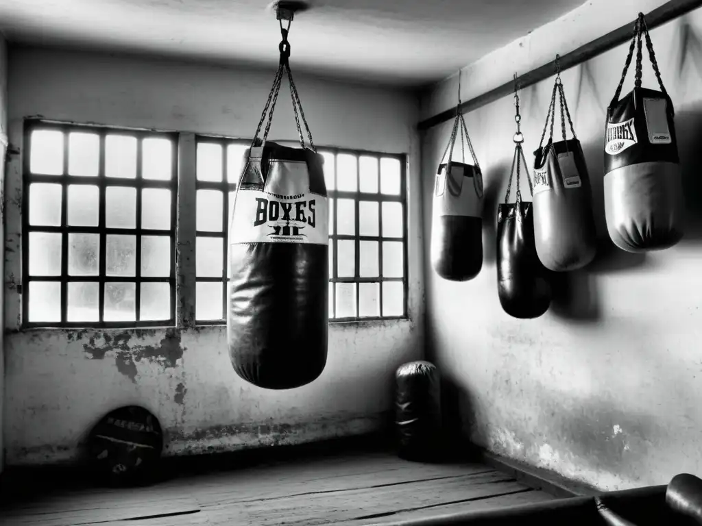 Joven boxeador entrenando con intensidad en un antiguo gimnasio uruguayo, rodeado de historia y leyendas del boxeo uruguayo