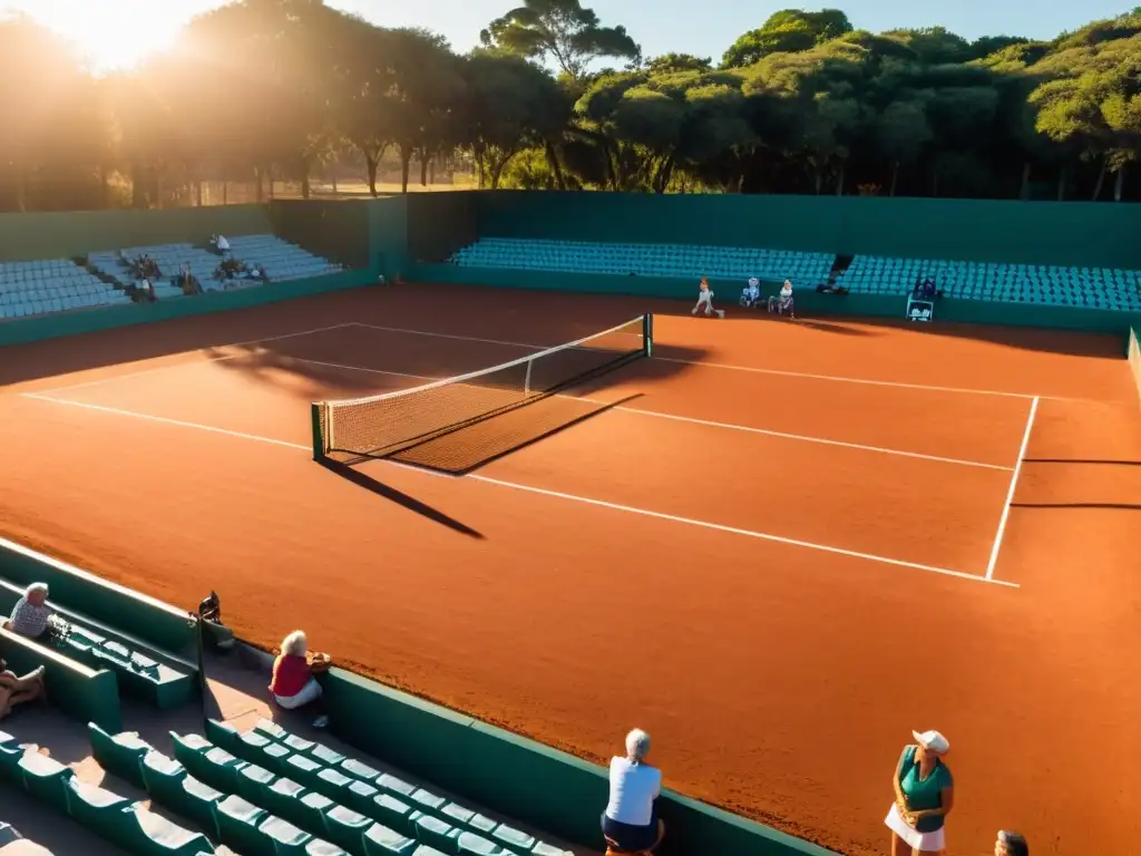 Joven jugador sirve bajo la puesta de sol en las canchas de tenis de Uruguay, reflejando el vibrante crecimiento del tenis en los eventos uruguayos