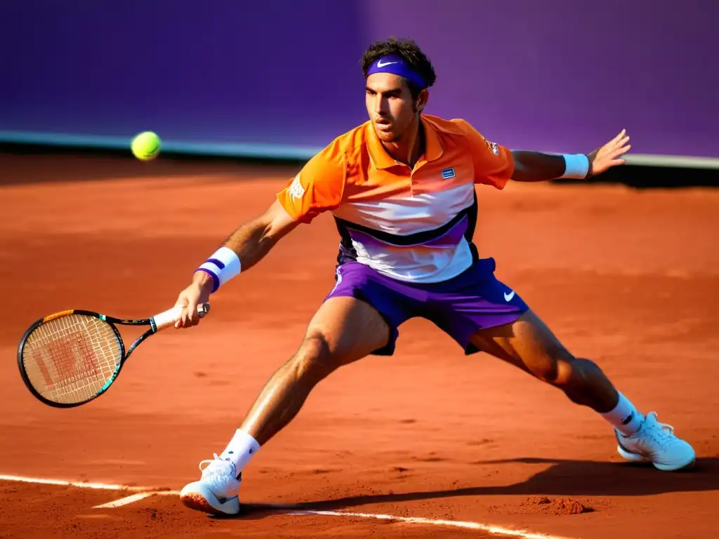 Joven promesa uruguaya del tenis, sirviendo con determinación al atardecer