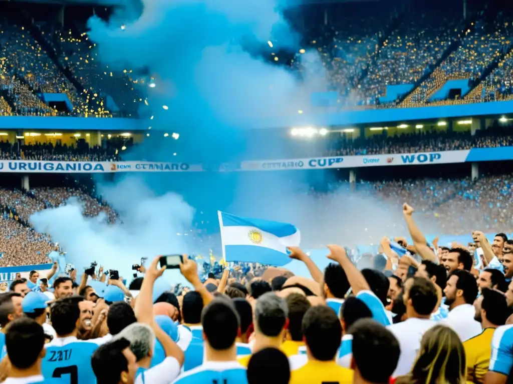 Jubiloso equipo uruguayo levanta el trofeo mundial, reflejando la importancia cultural del fútbol en Uruguay, entre la alegría de miles de seguidores en el Estadio Centenario