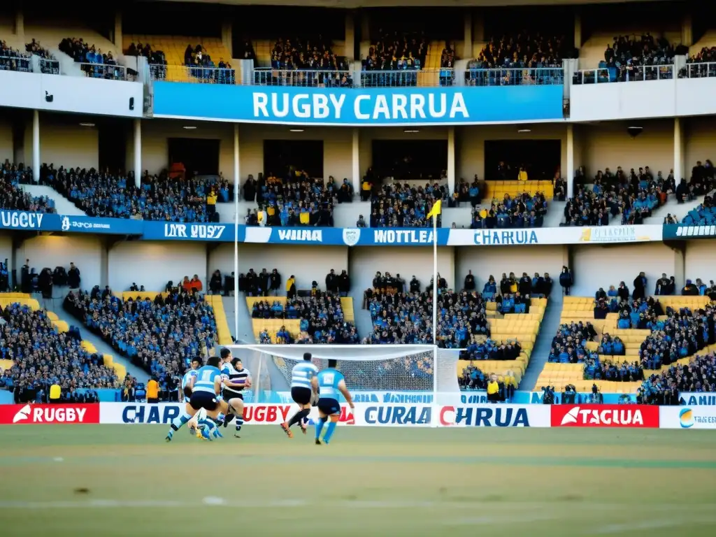 Jugada decisiva en un vibrante partido de rugby en el Estadio Charrúa de Montevideo, Uruguay, reflejo de la cultura rugby Uruguay unión nacional