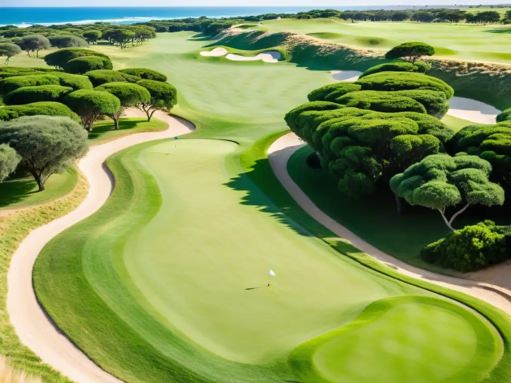 Jugador disfrutando de los campos de golf de lujo en Uruguay, con una vista panorámica de la costa y villas lujosas