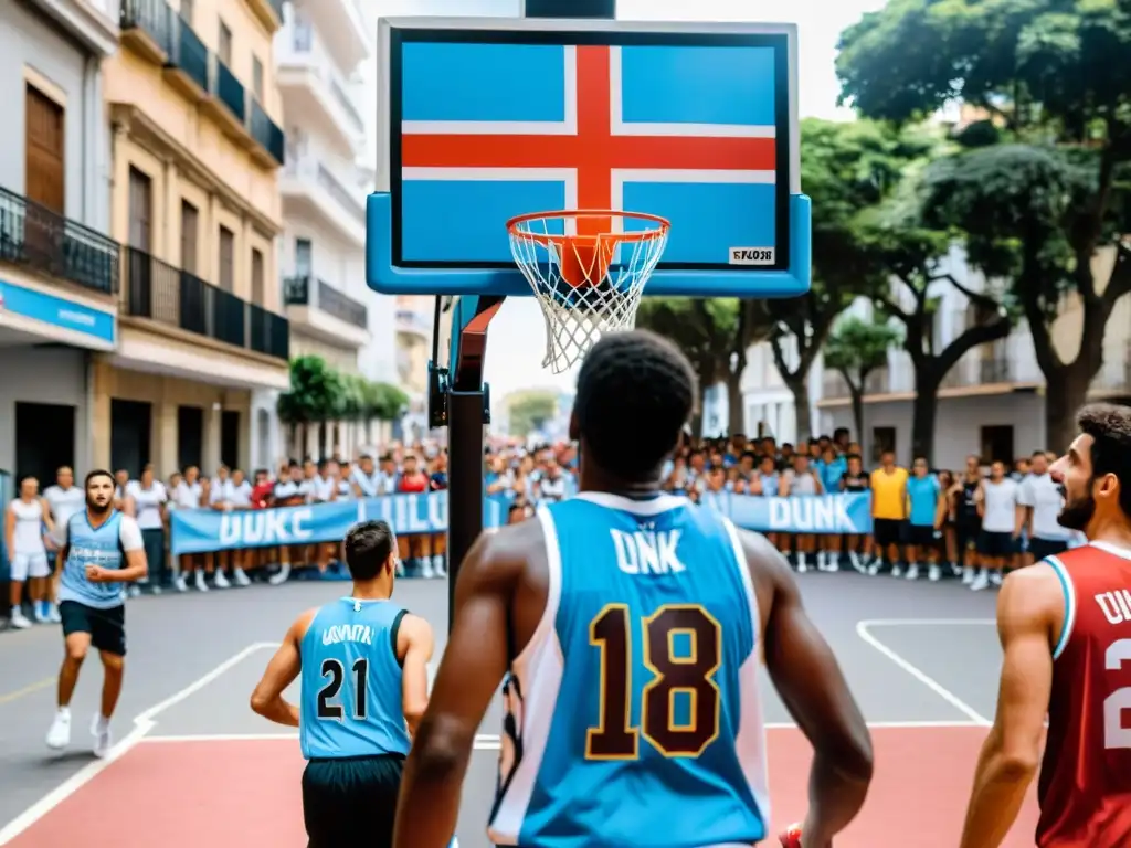 Jugador del equipo de baloncesto en Uruguay a punto de encestar en vibrante juego callejero en Montevideo, bajo un cielo dorado