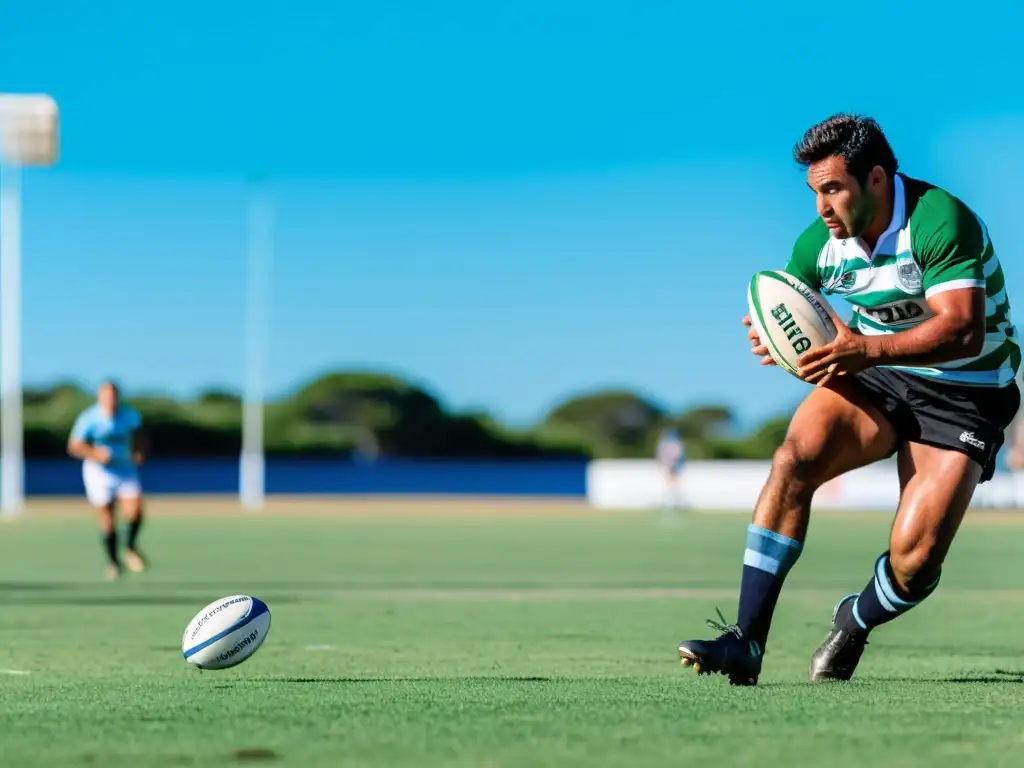 Jugador de rugby en plena acción en el torneo Punta del Este Rugby Master, una parada imperdible en el calendario de eventos deportivos de Uruguay