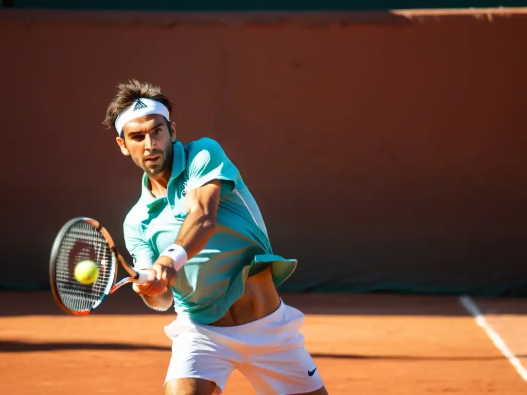 Jugador uruguayo en pleno golpe de revés, mostrando el crecimiento del tenis en Uruguay durante un evento emocionante en Montevideo