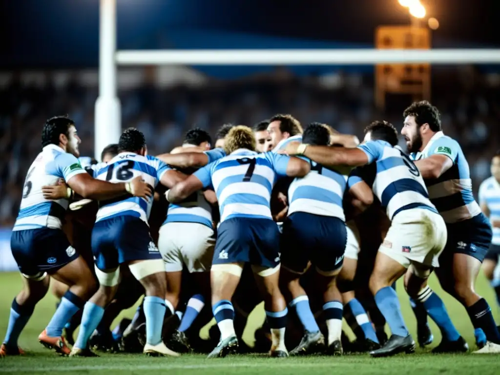 Jugadores uruguayos en un emocionante scrum bajo las luces del Estadio Charrúa, reflejando la tradición del rugby en Uruguay en un atardecer dorado