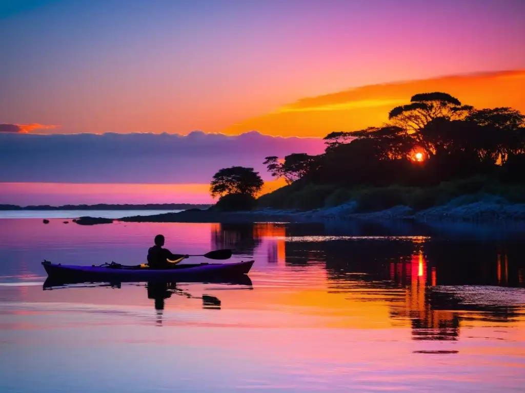 Kayakista solitario en uno de los mejores lugares para practicar kayak en Uruguay, deslizándose por aguas serenas reflejando un atardecer vibrante