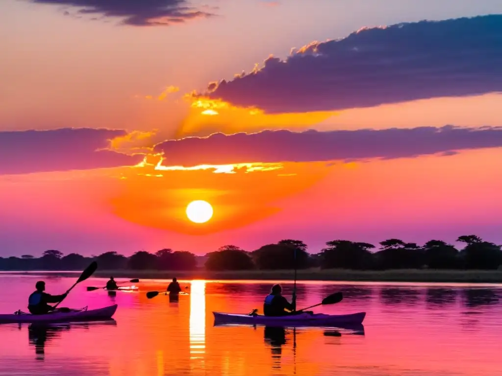 Kayakistas disfrutan de un atardecer en el Río de la Plata, uno de los mejores lugares para practicar kayak en Uruguay