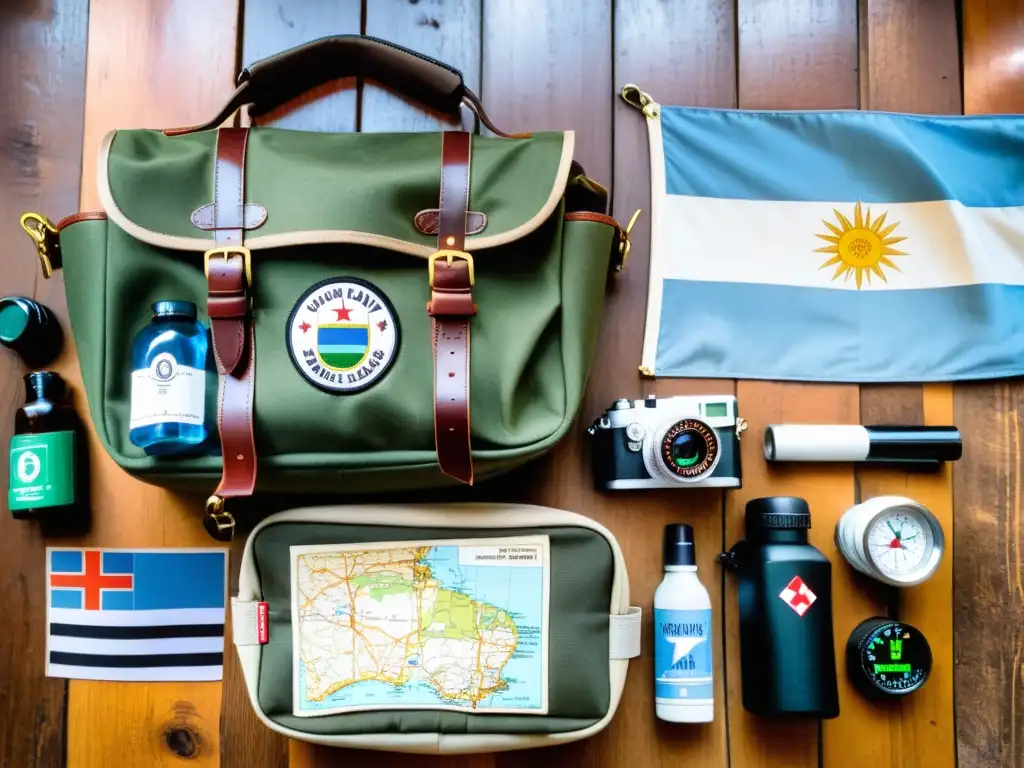 Kit de viaje bien organizado en una mesa rústica, destacando la preparación para emergencias de salud viaje a Uruguay, bajo el sol dorado