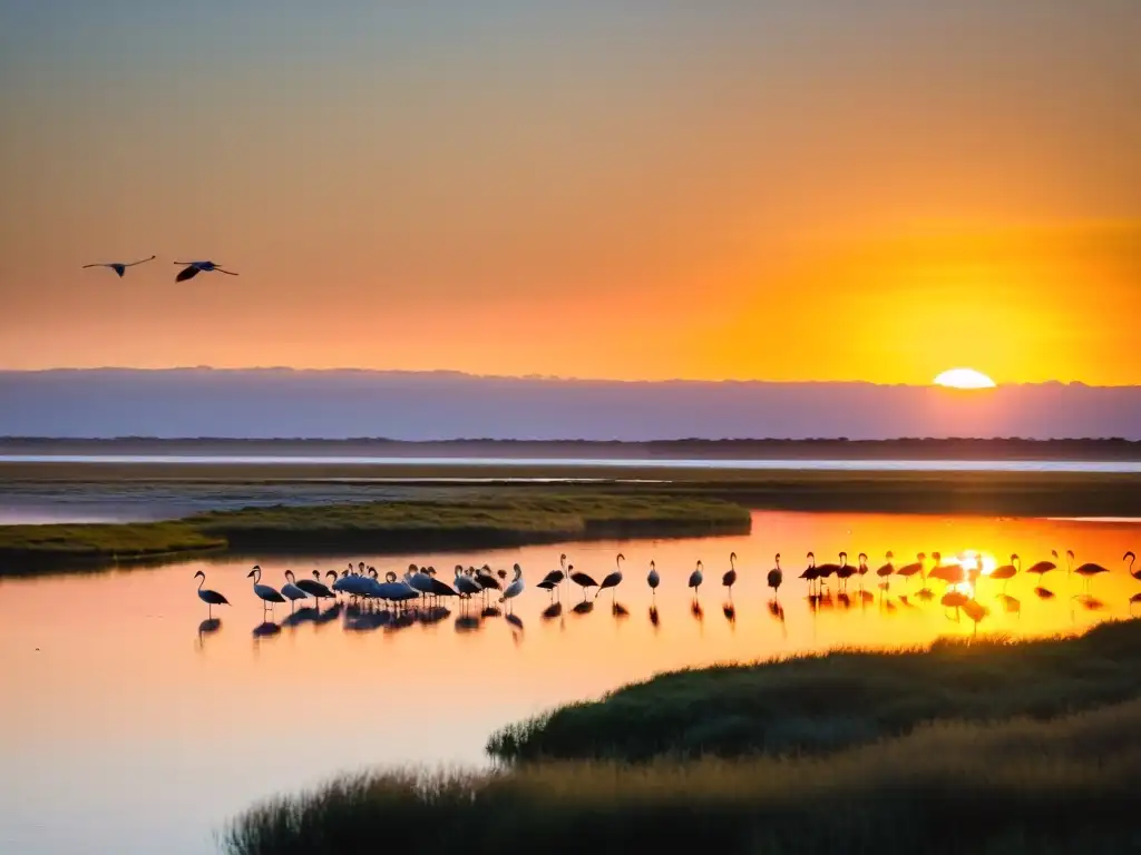 Amanecer en Laguna de Rocha, uno de los mejores lugares de observación de aves en Uruguay, con flamencos rosados iluminados por el sol naciente