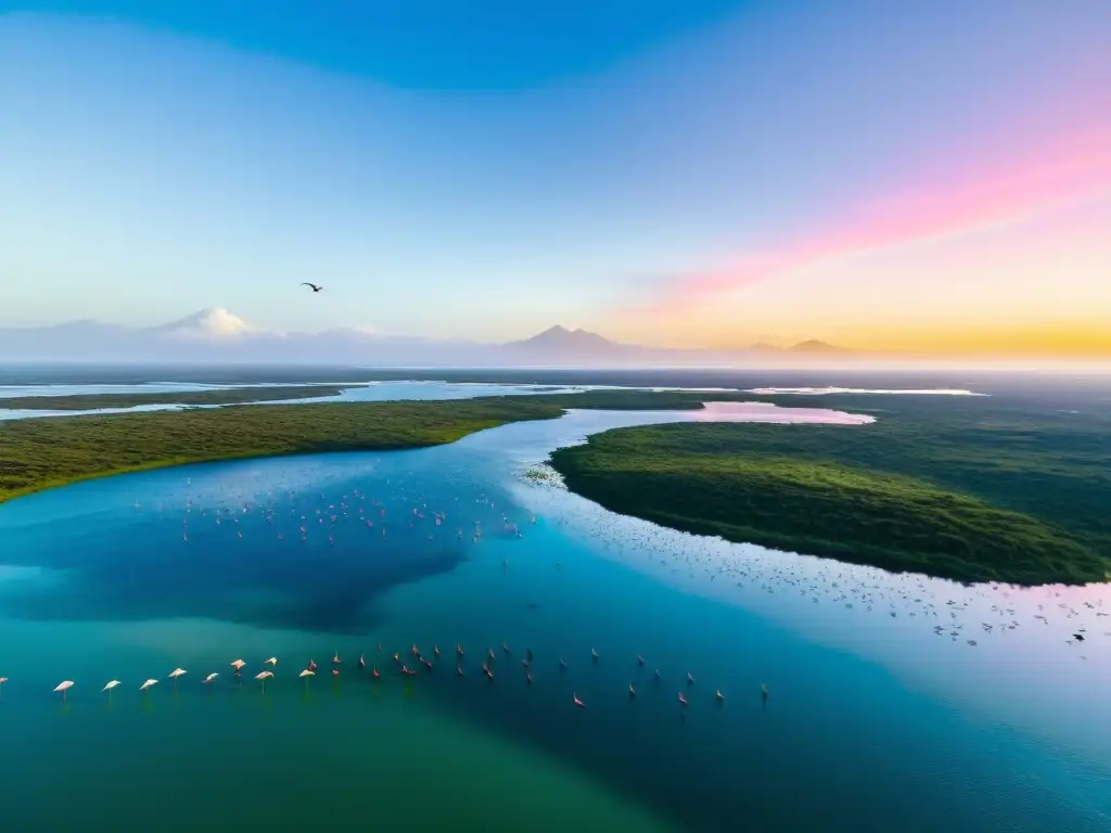 Biodiversidad en las Lagunas de Rocha: Flamencos rosados levantando vuelo entre vegetación verde y aguas azules al atardecer