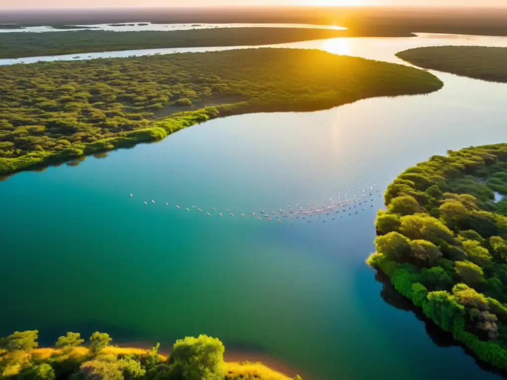 Biodiversidad en las Lagunas de Rocha: vista dorada al atardecer con flamencos y capibaras, desde un mirador rústico