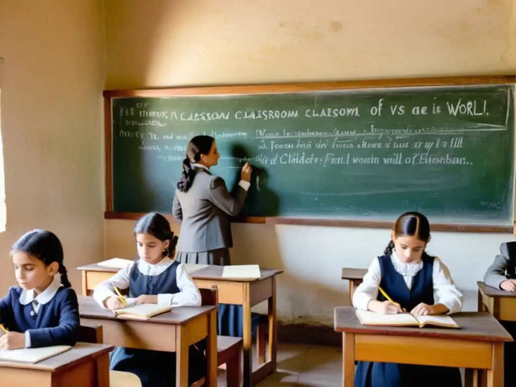 Legado de la educación política de Varela en Uruguay, aula antigua con niños concentrados, profesor serio y mobiliario de madera en tonos sepia