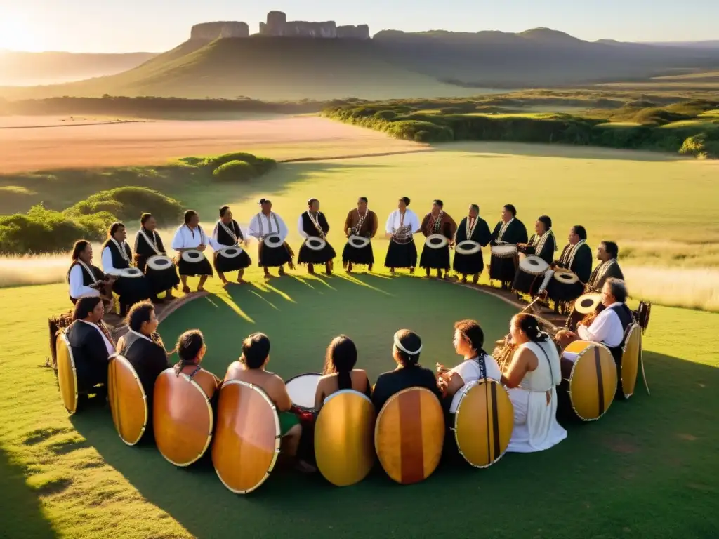 Legado cultural indígena en Uruguay: Músicos en trajes tradicionales tocan fervorosamente en la campiña bañada por el sol dorado