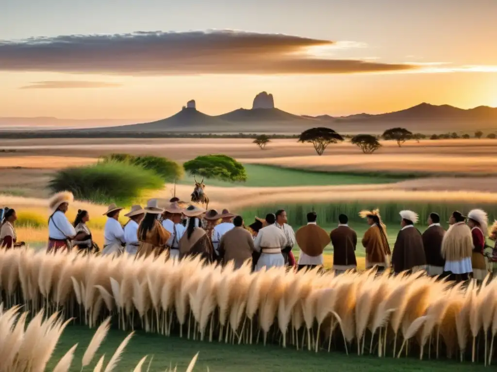 Legado cultural charrúas Uruguay: Ceremonia tradicional al atardecer, siluetas danzando entre la pampa y cielo encendido