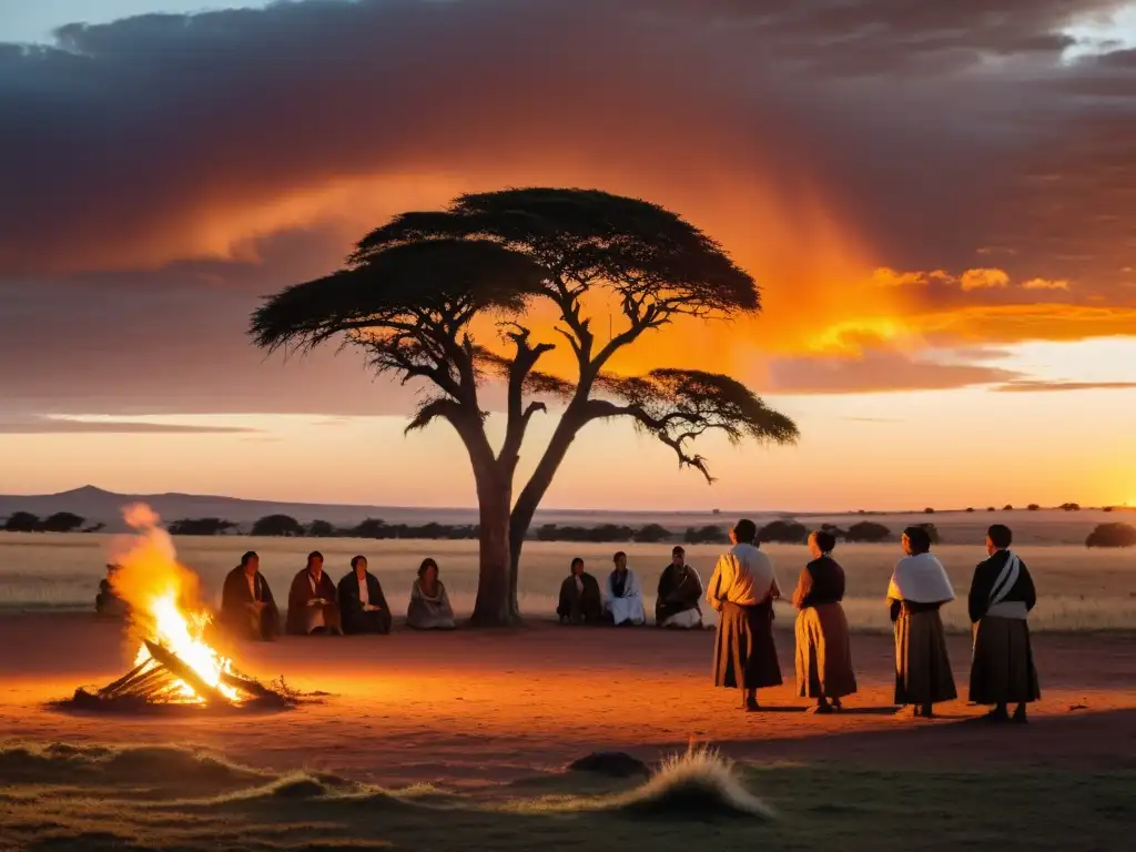 Legado cultural charrúas en Uruguay: grupo tradicional bajo el sol poniente en las vastas llanuras, su vida y resistencia