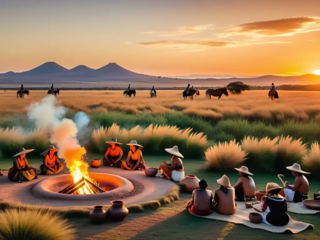 Legado cultural charrúas Uruguay: Pampa vibrante al atardecer, con charrúas en actividades tradicionales, demostrando la rica herencia cultural