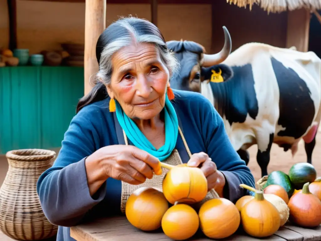 Legado cultural indígena en la vida diaria de Uruguay: anciana sirviendo mate en un bullicioso mercado uruguayo al atardecer