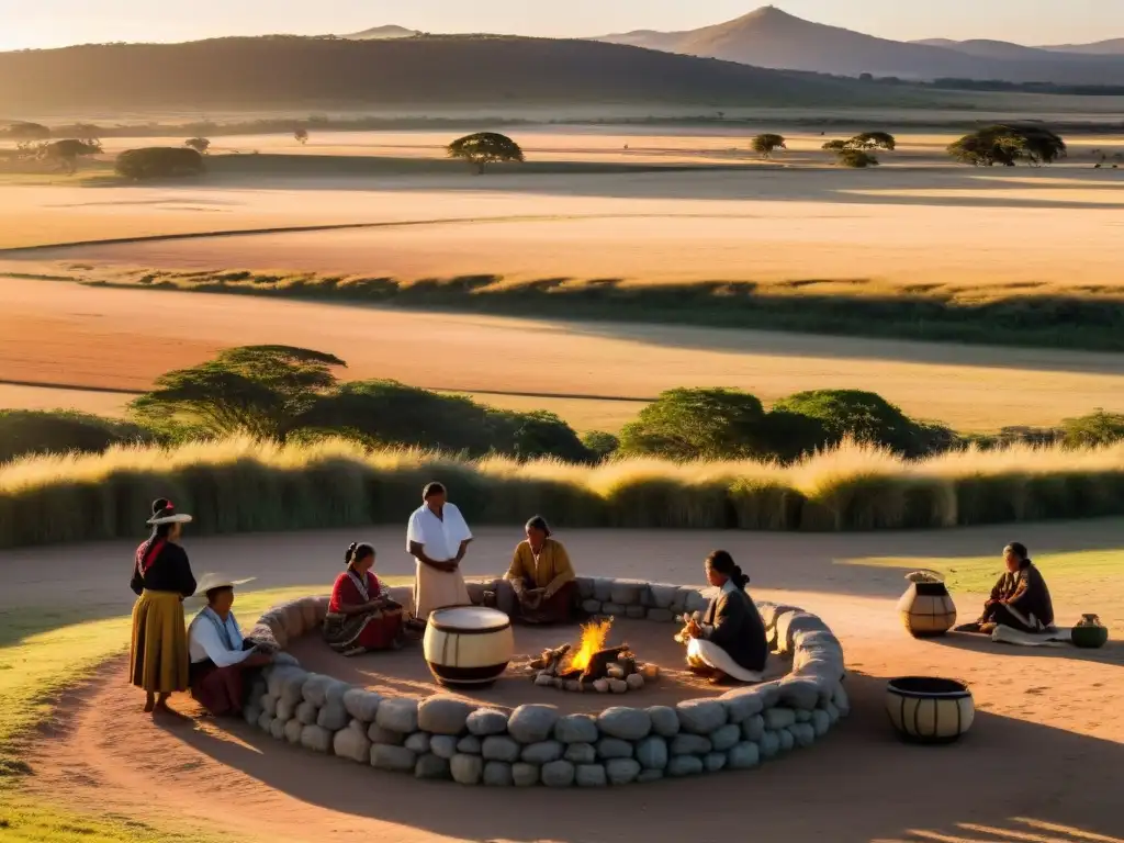 Legado cultural indígena en la vida diaria de Uruguay: panorama del atardecer, preparación de mate, danzas y artesanías