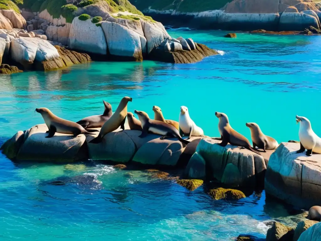 Leones marinos descansando y jugando en las aguas turquesas de Isla de Lobos, vida salvaje en su máxima expresión bajo un cielo azul intenso