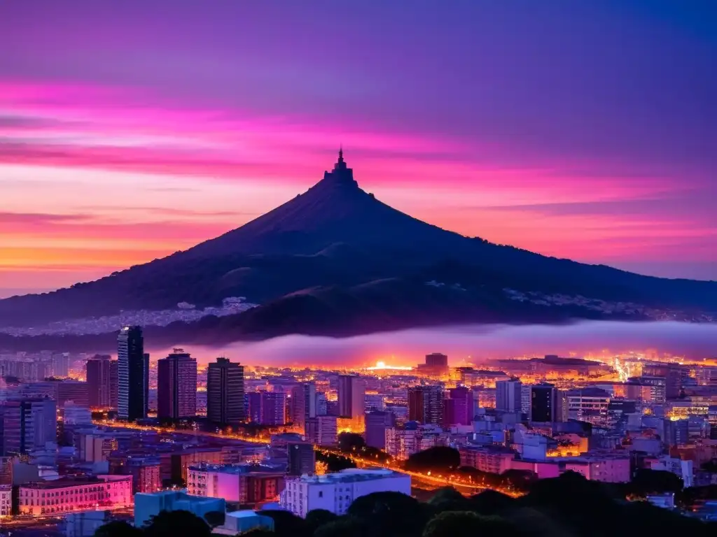 Leyenda Cerro Montevideo mitos realidades: Atardecer mágico, silueta etérea entre luces y niebla, reflejo de historia y cultura