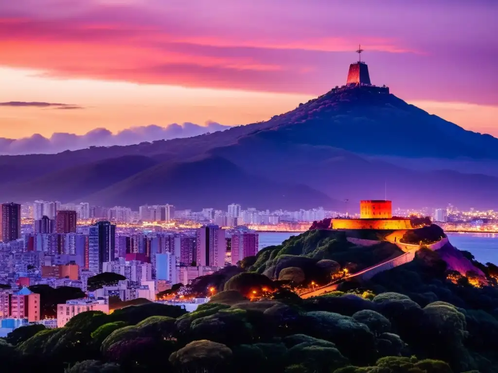 Leyenda Cerro Montevideo mitos realidades se desvelan al atardecer, fortaleza silueteada y ciudad bajo un cielo encendido